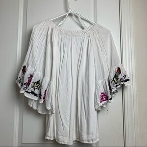 Here comes the sun white off the shoulder blouse with floral design sleeves XS